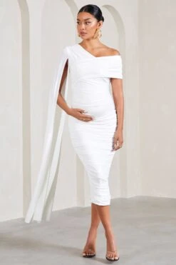 Serenity | White Ruched Asymmetric Maternity Midi Dress With Cape -ENY Clothing Shop WB CL129597005 SerenityWhiteRuchedAsymmetricMaternityMidiDressWithCape2