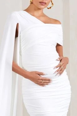 Serenity | White Ruched Asymmetric Maternity Midi Dress With Cape -ENY Clothing Shop WB CL129597005 SerenityWhiteRuchedAsymmetricMaternityMidiDressWithCape3