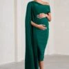 Serenity | Bottle Green Ruched Asymmetric Maternity Midi Dress With Cape -ENY Clothing Shop WB CL129597047 SerenityBottleGreenRuchedAsymmetricMaternityMidiDressWithCape0