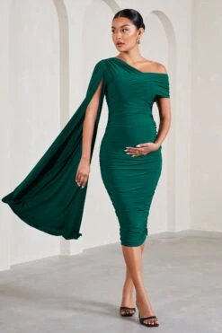 Serenity | Bottle Green Ruched Asymmetric Maternity Midi Dress With Cape -ENY Clothing Shop WB CL129597047 SerenityBottleGreenRuchedAsymmetricMaternityMidiDressWithCape3