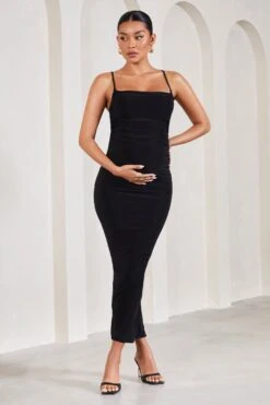 Azalea | Black Strappy Square-Neck Maternity Maxi Dress -ENY Clothing Shop WB CL129600002 AzaleaBlackCowl NeckMaternityMaxiDressWithFlowerCorsage3