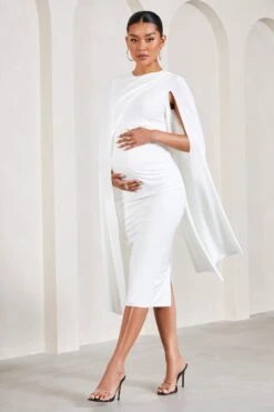 Cloud Nine | White Maternity Midi Dress With Cape Sleeves -ENY Clothing Shop WB CL129604005 CloudNineWhiteMaternityMidiDressWithCapeSleeves1