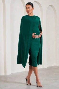 Cloud Nine | Bottle Green Maternity Midi Dress With Cape Sleeves -ENY Clothing Shop WB CL129604047 CloudNineBottleGreenMaternityMidiDressWithCapeSleeves2