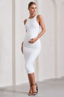 Paige | White Sleeveless Split Maternity Midi Dress -ENY Clothing Shop WB CL129608005 PaigeWhiteSleevelessSplitMaternityMidiDress4