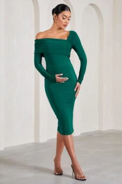 Heartbeat | Bottle Green One-Shoulder Long-Sleeved Maternity Midi Dress -ENY Clothing Shop WB CL129609047 HeartbeatBottleGreenOne ShoulderLong SleevedMaternityMidiDress1