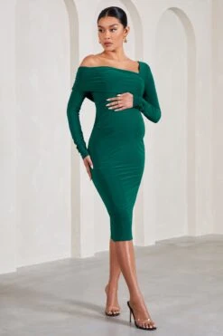 Heartbeat | Bottle Green One-Shoulder Long-Sleeved Maternity Midi Dress -ENY Clothing Shop WB CL129609047 HeartbeatBottleGreenOne ShoulderLong SleevedMaternityMidiDress2