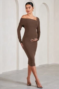 Heartbeat | Chocolate One-Shoulder Long-Sleeved Maternity Midi Dress 10 Heartbeat | Chocolate One-Shoulder Long-Sleeved Maternity Midi Dress -ENY Clothing Shop WB CL129609067 HeartbeatChocolateOne ShoulderLong SleevedMaternityMidiDress0