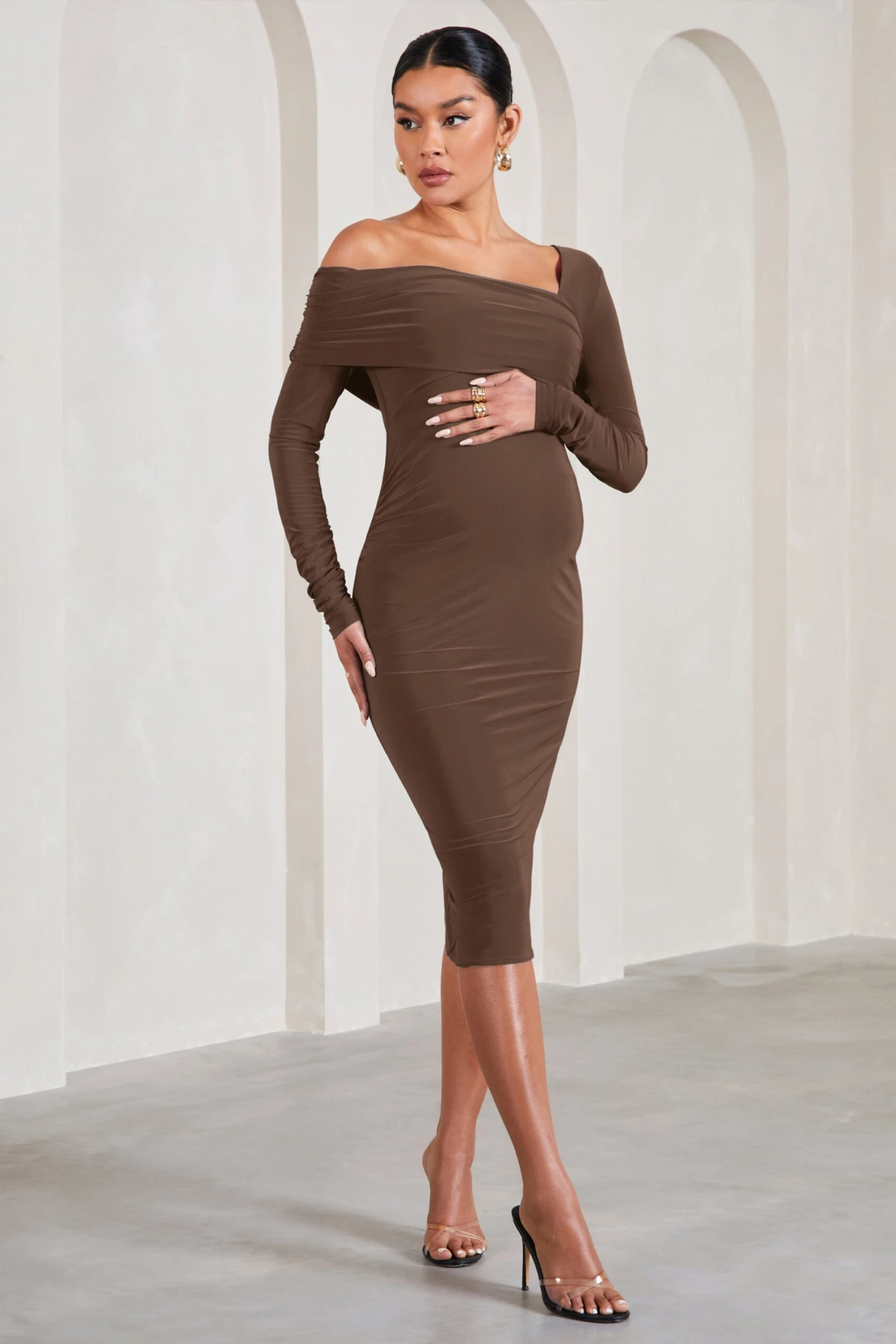 Heartbeat | Chocolate One-Shoulder Long-Sleeved Maternity Midi Dress 7 Heartbeat | Chocolate One-Shoulder Long-Sleeved Maternity Midi Dress - Image 5