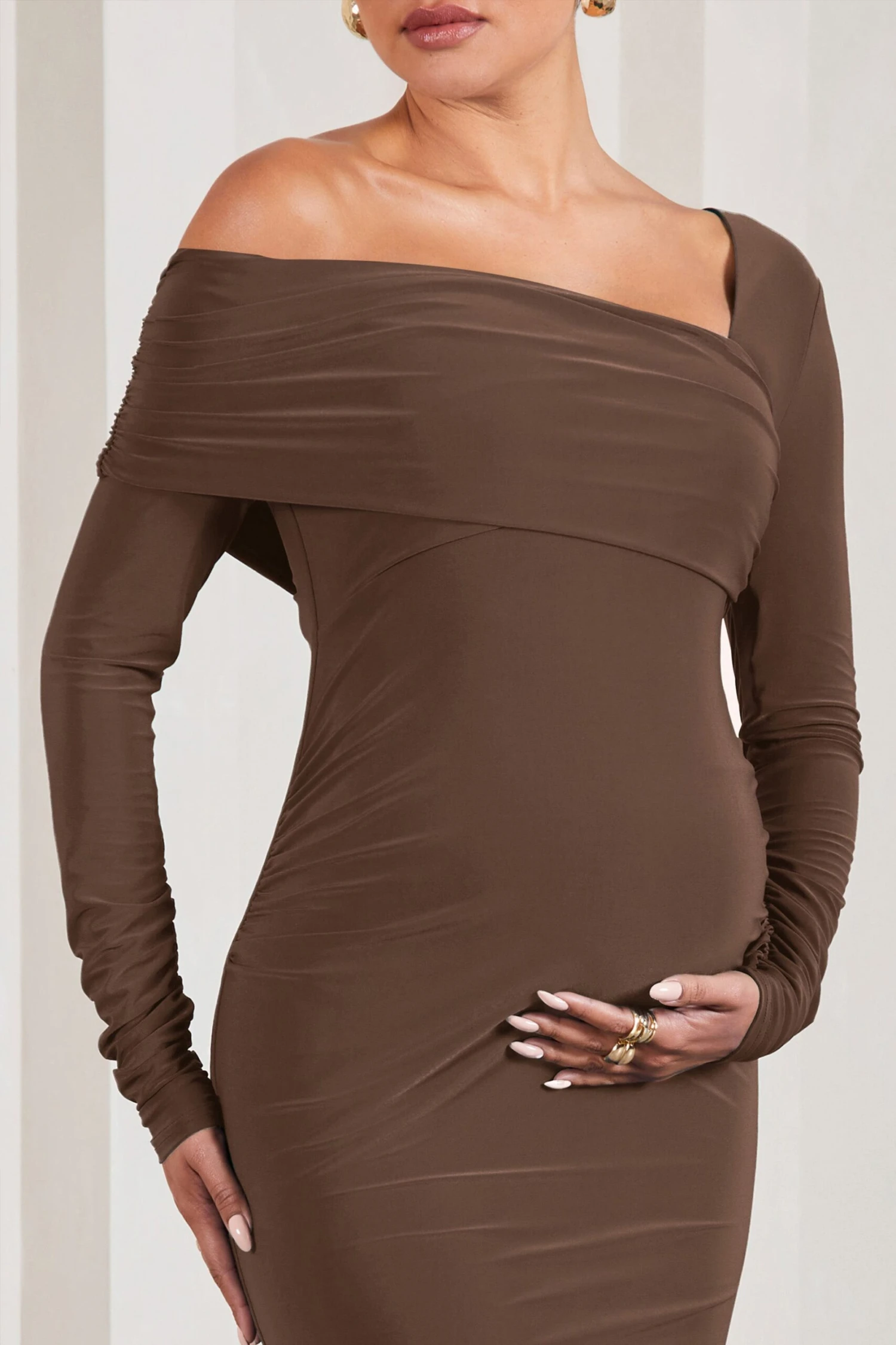 Heartbeat | Chocolate One-Shoulder Long-Sleeved Maternity Midi Dress 4 Heartbeat | Chocolate One-Shoulder Long-Sleeved Maternity Midi Dress - Image 2
