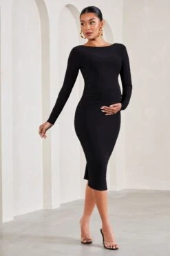 Embrace | Black Long-Sleeved Maternity Midi Dress