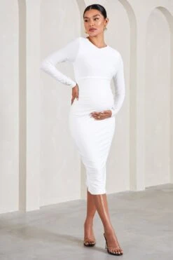 Embrace | White Long-Sleeved Maternity Midi Dress