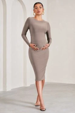 Embrace | Mocha Long-Sleeved Maternity Midi Dress -ENY Clothing Shop WB CL129610038 EmbraceMochaLong SleevedMaternityMidiDress2