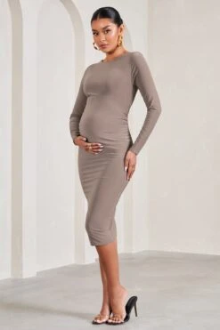 Embrace | Mocha Long-Sleeved Maternity Midi Dress -ENY Clothing Shop WB CL129610038 EmbraceMochaLong SleevedMaternityMidiDress3
