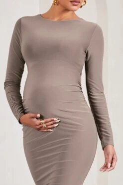 Embrace | Mocha Long-Sleeved Maternity Midi Dress -ENY Clothing Shop WB CL129610038 EmbraceMochaLong SleevedMaternityMidiDress6