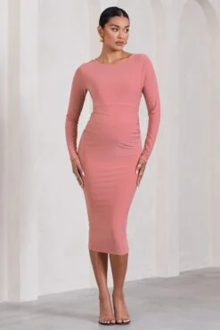 Embrace | Blush Pink Long-Sleeved Maternity Midi Dress -ENY Clothing Shop WB CL129610081 EmbraceBlushPinkLong SleevedMaternityMidiDress0