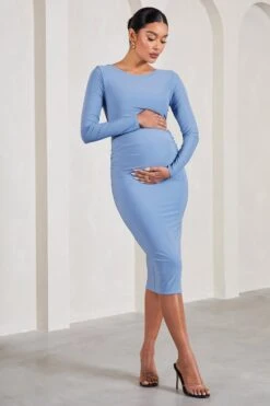 Embrace | Blue Long-Sleeved Maternity Midi Dress -ENY Clothing Shop WB CL129610115 EmbracePowderBlueBlueLong SleevedMaternityMidiDress1
