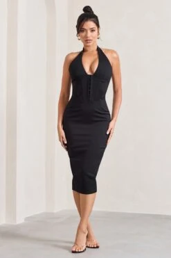 Mariah | Black Halter-Neck Corset Midi Dress -ENY Clothing Shop WB CL129624002 MariahBlackHalter NeckCorsetMidiDress1