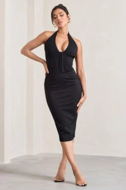 Mariah | Black Halter-Neck Corset Midi Dress -ENY Clothing Shop WB CL129624002 MariahBlackHalter NeckCorsetMidiDress2