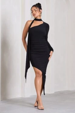 Firestorm | Black Asymmetric One-Sleeved Midi Dress With Scarf -ENY Clothing Shop WB CL129671002 FirestormBlackAsymmetricOne SleevedMaxiDressWithScarf1