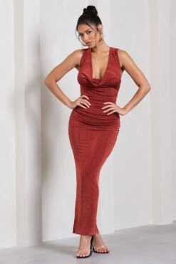 Finely Formed | Rust Red Ruched Cowl-Neck Bodycon Maxi Dress -ENY Clothing Shop WB CL129674165 FinelyFormedRustRedRuchedCowl NeckBodyconMaxiDress1