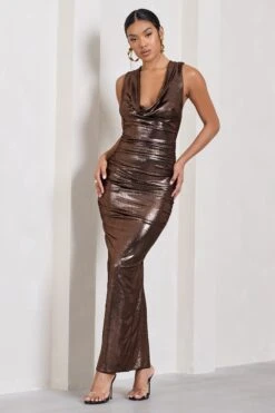 Finely Formed | Bronze Metallic Ruched Cowl-Neck Bodycon Maxi Dress -ENY Clothing Shop WB CL129675021 FinelyFormedBronzeMetallicRuchedCowl NeckBodyconMaxiDress3