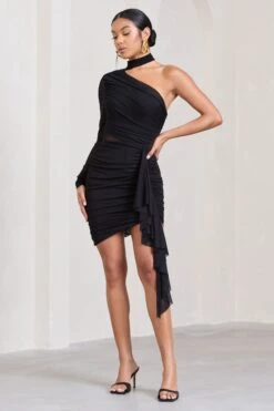 Swirling | Black Ruched One-Sleeved Mini Dress With Ruffle -ENY Clothing Shop WB CL129679002 SwirlingBlackRuchedOne SleevedMiniDressWithRuffle0