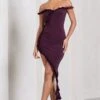 Deserted | Plum Bardot Frilled Asymmetric Midi Dress