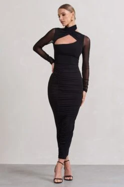 Under Wraps | Black Ruched Cut Out Long-Sleeve Midi Dress -ENY Clothing Shop WB CL129705002 UnderWrapsBlackRuchedCutOutLong SleeveMidiDress1