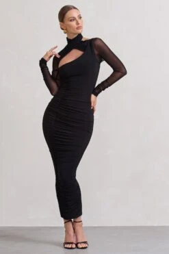 Under Wraps | Black Ruched Cut Out Long-Sleeve Midi Dress -ENY Clothing Shop WB CL129705002 UnderWrapsBlackRuchedCutOutLong SleeveMidiDress2
