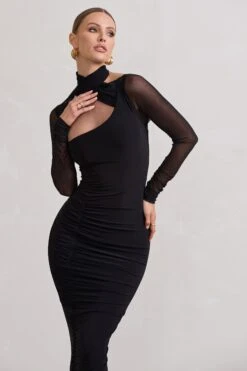 Under Wraps | Black Ruched Cut Out Long-Sleeve Midi Dress -ENY Clothing Shop WB CL129705002 UnderWrapsBlackRuchedCutOutLong SleeveMidiDress5