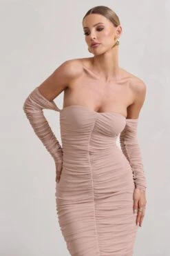 Indy | Champagne Ruched Strapless Long-Sleeve Midi Dress -ENY Clothing Shop WB CL129714059 IndyChampagneRuchedStraplessLong SleeveMidiDressCHAMPAGNE5