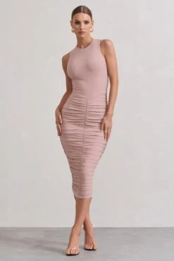 Antonia | Champagne Sleeveless Ruched Bodycon Midi Dress -ENY Clothing Shop WB CL129715059 AntoniaChampagneSleevelessRuchedBodyconMidiDressCHAMPAGNE2