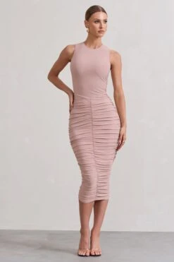 Antonia | Champagne Sleeveless Ruched Bodycon Midi Dress -ENY Clothing Shop WB CL129715059 AntoniaChampagneSleevelessRuchedBodyconMidiDressCHAMPAGNE4