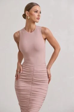 Antonia | Champagne Sleeveless Ruched Bodycon Midi Dress -ENY Clothing Shop WB CL129715059 AntoniaChampagneSleevelessRuchedBodyconMidiDressCHAMPAGNE5