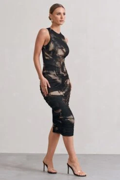 Antonia | Brown Print Sleeveless Ruched Bodycon Midi Dress -ENY Clothing Shop WB CL129715110 AntoniaBrownPrintSleevelessRuchedBodyconMidiDress6