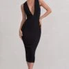 Odessa | Black Plunge Sleeveless Midi Dress With Tie Waist
