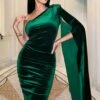 Gianna | Bottle Green Velvet One Shoulder Cape Bodycon Midi Dress