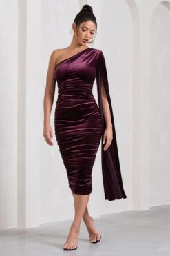 Gianna | Port Velvet One Shoulder Cape Bodycon Midi Dress -ENY Clothing Shop WB CL129762101 GiannaPortVelvetOneShoulderCapeBodyconMidiDress1