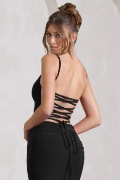 Alora | Black Strappy Lace-Up Maxi Dress With Flower Corsage -ENY Clothing Shop WB CL129766002 AloraBlackStrappyLace UpMaxiDressWithFlowerCorsage10