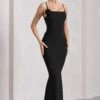 Alora | Black Strappy Lace-Up Maxi Dress With Flower Corsage