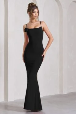 Alora | Black Strappy Lace-Up Maxi Dress With Flower Corsage -ENY Clothing Shop WB CL129766002 AloraBlackStrappyLace UpMaxiDressWithFlowerCorsage5