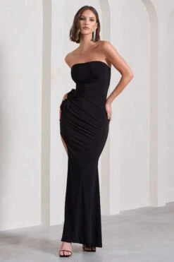 My Muse | Black Ruched Bandeau Split Maxi Dress With Flowers -ENY Clothing Shop WB CL129767002 MyMuseBlackRuchedBandeauSplitMaxiDressWithFlowers3