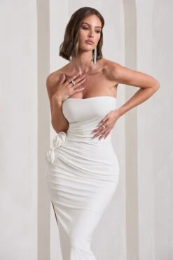 My Muse | White Ruched Bandeau Split Maxi Dress With Flowers -ENY Clothing Shop WB CL129767005 MyMuseWhiteRuchedBandeauSplitMaxiDressWithFlowers17