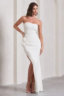 My Muse | White Ruched Bandeau Split Maxi Dress With Flowers -ENY Clothing Shop WB CL129767005 MyMuseWhiteRuchedBandeauSplitMaxiDressWithFlowers4