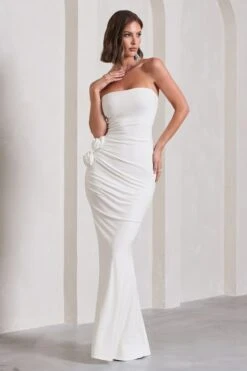 My Muse | White Ruched Bandeau Split Maxi Dress With Flowers -ENY Clothing Shop WB CL129767005 MyMuseWhiteRuchedBandeauSplitMaxiDressWithFlowers6