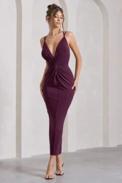 Yvette | Plum Plunge-Neck Twisted Maxi Dress With Cross-Back -ENY Clothing Shop WB CL129768164 Yvette PlumPlunge NeckTwistedMaxiDressWithCross BackDARKCHERRY1