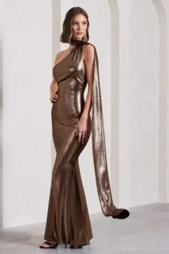 Strike Gold | Bronze Metallic Asymmetric Low-Back Maxi Dress With Scarf -ENY Clothing Shop WB CL129770021 StrikeGoldBronzeMetallicAsymmetricLow BackMaxiDressWithScarf9