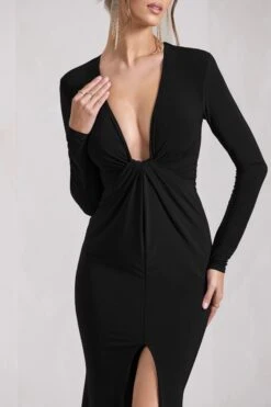 Aluna | Black Plunge-Neck Twisted Split Maxi Dress -ENY Clothing Shop WB CL129771102 AlunaBlackPlunge NeckTwistedSplitMaxiDress7