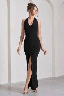 Leonie | Black Halter-Neck Split Maxi Dress With Wrap Detail -ENY Clothing Shop WB CL129772002 LeonieBlackHalter NeckSplitMaxiDressWithWrapDetail0