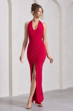 Leonie | Red Halter-Neck Split Maxi Dress With Wrap Detail -ENY Clothing Shop WB CL129772004 LeonieRedHalter NeckSplitMaxiDressWithWrapDetail0